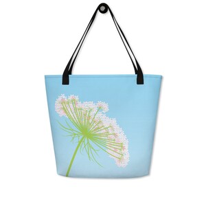 Queen Anne&#39;s Lace Tote Bag, Flower Botanical Print Book Bag, Gift for Her Beach Bag, Botanical Art School Bag
