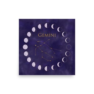 Gemini Birthday Gift, Boho Zodiac Art Print, Moon Phase Celestial Wall Art