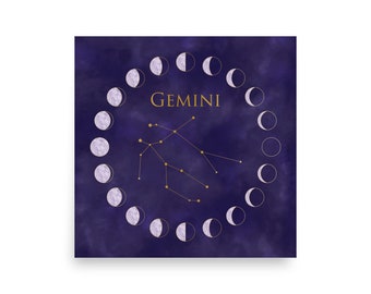 Gemini Zodiac Wall Art Print, Celestial Moon Phase Home Decor, Boho Astrology Poster, Gemini Birthday Gift, Horoscope Constellation Artwork