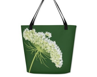 Queen Annes Lace Floral Tote, Botanical Print Book Bag, Gift for Her Beach Bag