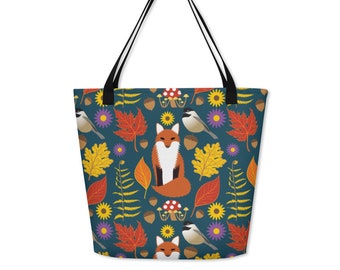 Fox Tote Bag, Fall Leaf Print Weekender Bag, Autumn Woodland Animal Reusable Grocery Bag