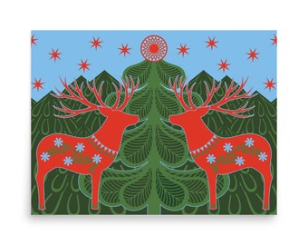 May include: A stylised illustration of a Christmas scene with two red reindeer standing in front of a green Christmas tree with a blue sky and white stars in the background.
