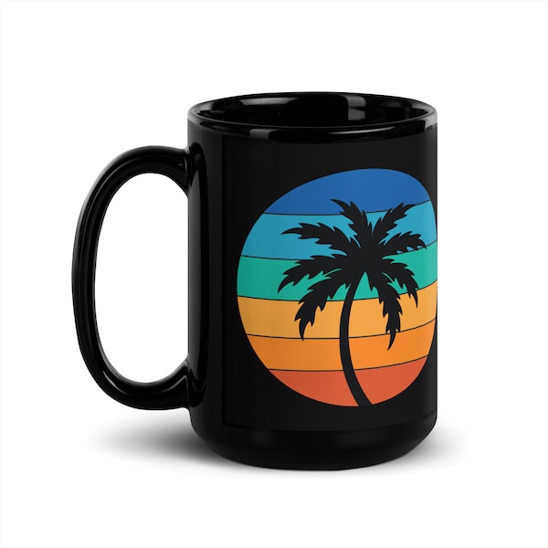 Palm Tree Mug, Tropical Sunset Coffee Gift, Kitchen Art, Retro Home Decor, Coffee Cup