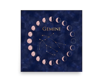 Gemini Zodiac Wall Art Print, Celestial Moon Phase Home Decor, Boho Astrology Poster, Gemini Birthday Gift, Horoscope Constellation