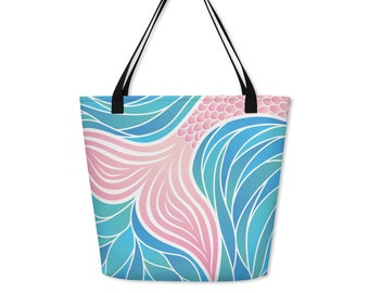 Beach Bag, Mermaid Tail Canvas Tote Bag, Summer Accessory, Ocean Animal Eco Friendly Reusable Grocery Bag