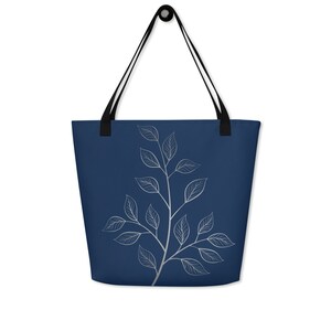 Navy and Silver Leaf Print Tote, Everyday Shoulder Bag, Botanical Winter Accessories