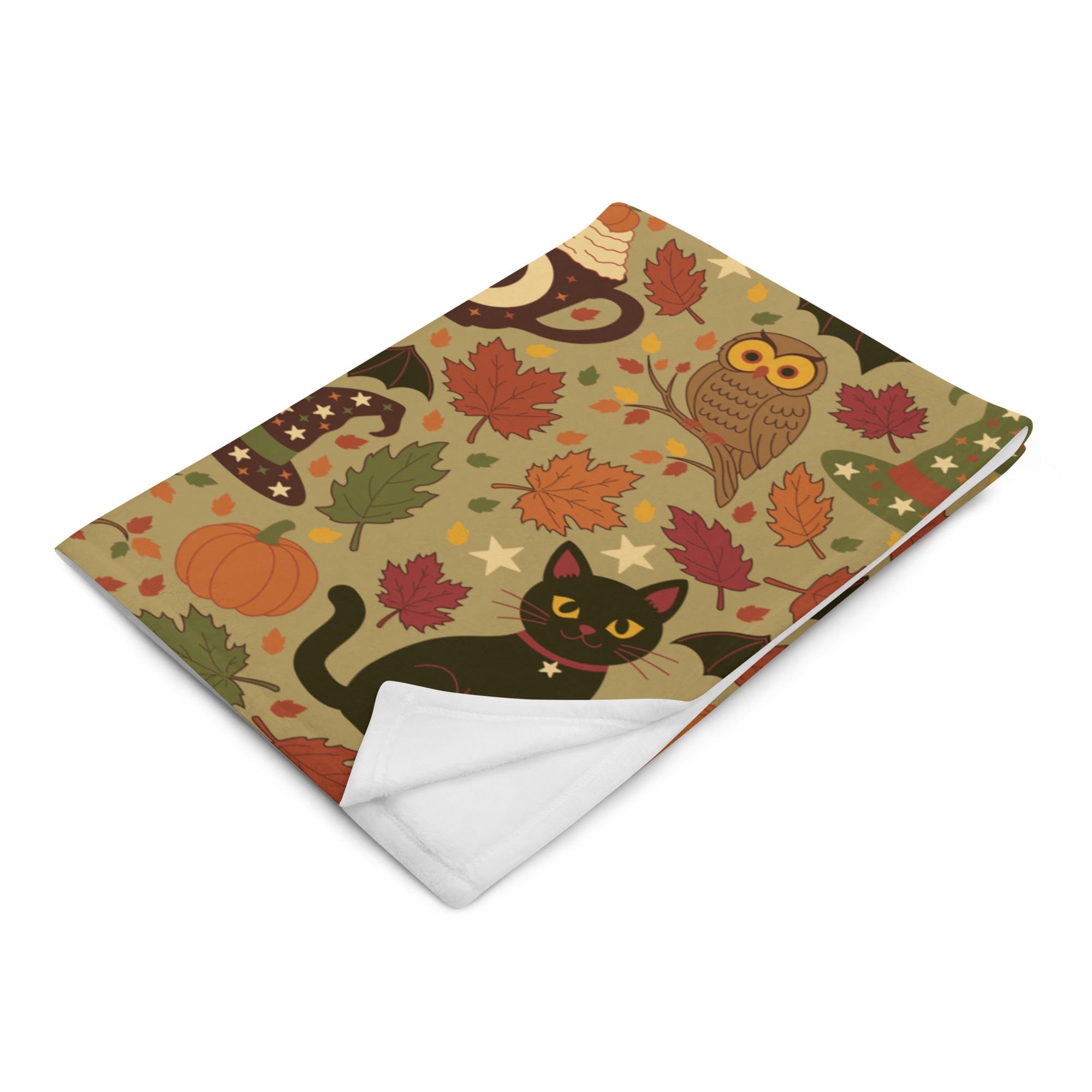 Halloween Throw Blanket, Storybook Woodland Fleece Blanket, Cozy Fall Black Cats, Owls, Pumpkins, Co