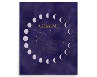 Gemini Birthday Gift, Boho Zodiac Art Print, Moon Phase Celestial Wall Art