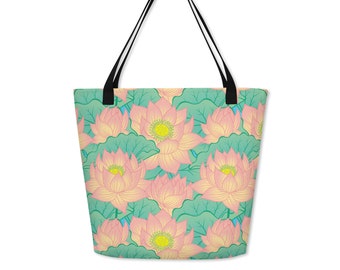 Lotus Flower Tote, Floral Reusable Grocery Bag, Botanical Print, Weekender Bag