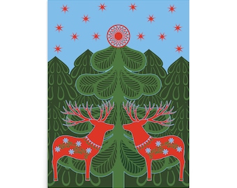May include: A stylised illustration of a Christmas tree with two red reindeer standing on either side. The tree is green with a red star on top and a blue sky with white stars in the background.