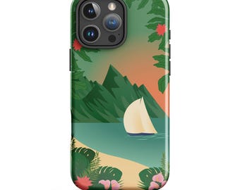 Tropical Sunset iPhone Tough Case, Cell Phone Cover, Colorful Island Scene with Sailboat and Palm Leaves