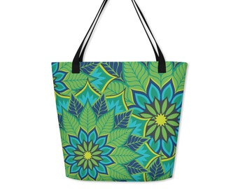 Emerald and Jade Green Tote Bag, Abstract Mandala Everyday Bag, Eco Friendly Reusable Grocery Bag