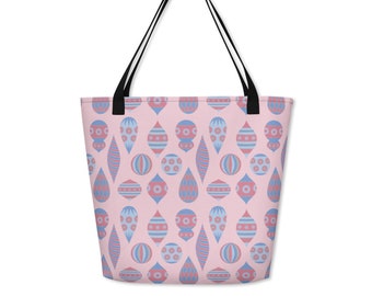 Pink Christmas Tote Bag, Mid Century Modern Everyday Bag, Eco Friendly Reusable Grocery Bag