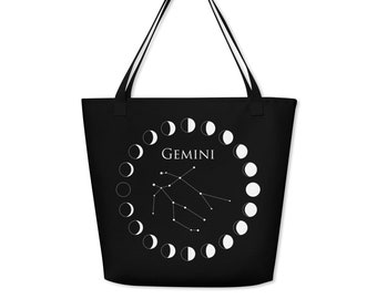 Gemini Astrology Tote Bag, May June Birthday Beach Bag, Zodiac Sign Moon Phase Book Bag