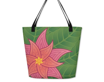 Tropical Flower Tote Bag, Mandala Summer Beach Bag, Leaf Print Reusable Grocery Bag