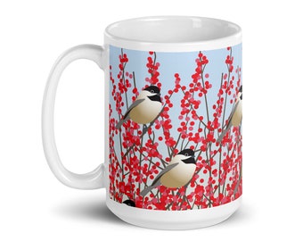 Bird Art Holiday Mug, Chickadee Woodland Animal Ceramic Coffee Cup with Handle, Festive Christmas Decor