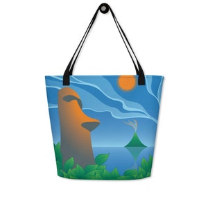 Moai Pop Art Tote Bag, Tiki Tropical Book Bag, Mid Century Reusable Grocery Bag