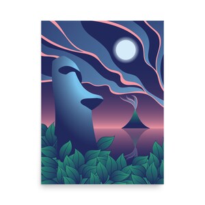 Moai Moon Art Print, Tropical Retro Wall Decor, Tiki Bar Fantasy Poster