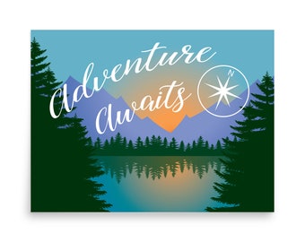 Adventure Awaits Inspirational Art Print, Wanderlust Motivational Poster, Man Cave Office Decor, Graduation Gift