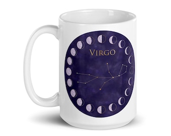 Virgo Zodiac Coffee Mug, Celestial Tea Cup, Boho Astrology Mug, Virgo Birthday Gift, Moon Phase Mug, Horoscope Cup, Zodiac Home Decor