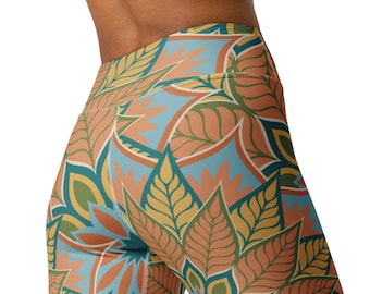 Mandala Yoga Leggings, Boho Floral Workout Pants, Geometric Pattern Activewear Tights, Mustard Blue Green Leggings, Aesthetic Fitness Wear