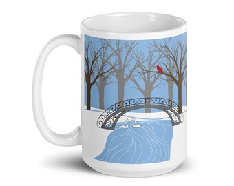 Snow Winter Landscape Mug, Cardinal Swan Coffee Gift, Holiday Christmas Kitchen Home Decor