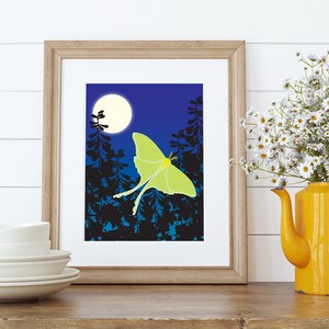 Luna Moth and Moon Art Print, Woodland Animals Wall Art, Butterfly Nursery Decor image 2