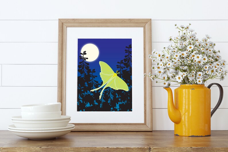 Luna Moth and Moon Art Print, Woodland Animals Wall Art, Butterfly Nursery Decor image 2