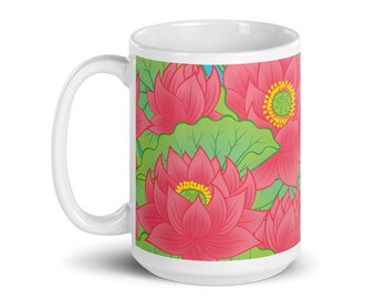 Mug fleur de lotus rose, tasse à café botanique florale, tasse à thé fleur de lotus, tasse inspirée du yoga, cadeau pour amoureux de la nature, tasse florale printanière