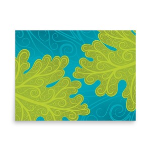 May include: Two green leafy designs with swirling patterns on a blue background.