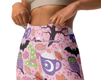 Leggings góticos de Halloween con un toque original, pantalones de yoga rosa pastel, leggings de gato negro adorables y espeluznantes, mallas de entrenamiento con temática de brujas, ropa deportiva gótica adorable.