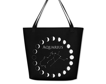 Aquarius Zodiac Sign Tote, Astrology Moon Phase Book Bag, Constellation Beach Bag, Reusable Grocery Bag
