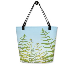 Fern Leaf Print Beach Bag, Fiddlehead Fern Botanical Tote Bag, Woodland Book Bag
