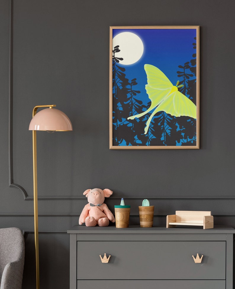 Luna Moth and Moon Art Print, Woodland Animals Wall Art, Butterfly Nursery Decor image 4