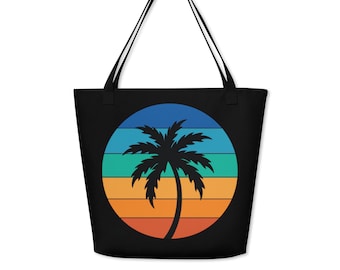 Palm Tree Beach Bag, Tropical Retro Tote Bag, Summer, 1980s Shopping Bag