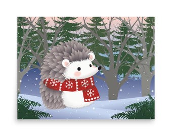 Graziosa decorazione murale con riccio, stampa di animali della foresta, accogliente decorazione invernale per la cameretta dei bambini, arte con riccio per Natale o San Valentino, cameretta per bambini in stile Cottagecore