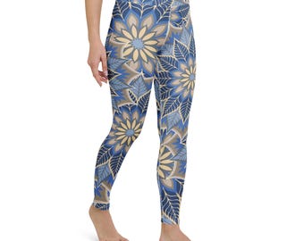 Blue Mandala Patterned Leggings, Boho Chic Yoga Pants, Cottagecore Activewear, Botanical Workout Leggings, Blue Beige Pattern Leggings