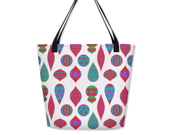 Xmas Ornament Tote Bag, Mid Century Modern Shopping Bag, Holiday Reusable Grocery Bag