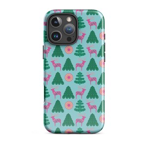 Custodia rigida per iPhone con renna rosa, custodia per telefono con arte popolare nordica, protezione per cellulare scandinava