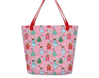 Pink Gingerbread Christmas Tote, Cute Holiday Shopping Bag, Festive Reusable Gift Bag, Snowman Cookie, Winter Market Tote, Stocking Stuffer