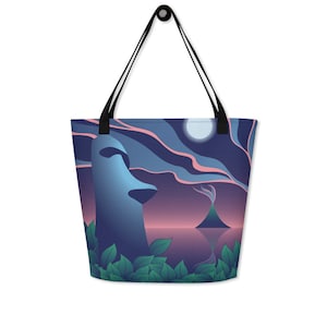 Moai Tiki Tote Bag, Eco Friendly Reusable Grocery Bag, Tropical Ocean Beach Bag