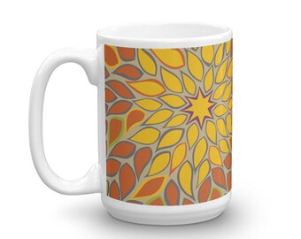 Geometric Mug Coffee Gift, Autumn Kitchen Decor, Fall Botanical Print, Abstract Dahlia Coffee Cup