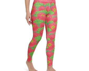 Pink Lotus Flower Leggings, Floral Yoga Pants, Botanical Workout Wear, Lotus Blossom Activewear, Boho Yoga Gift, Nature Inspired Outfit