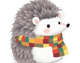 Cute Hedgehog Sticker with Cozy Scarf, Fall Vinyl Sticker, Autumn Woodland Aesthetic, Laptop Water Bottle Sticker, Gift for Animal Lovers