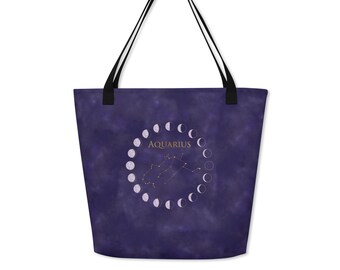 Wassermann Sternzeichen Tragetasche, Astrologie Mond Phase, wiederverwendbare Einkaufstasche, himmlisches Boho Accessoire, Horoskop Schultertasche, Cosmic Vibes