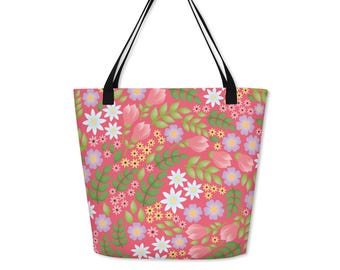 Floral Tote Bag, Pink Botanical Market Bag, Cottagecore Flower Tote, Reusable Everyday Carryall, Spring Summer Gift for Her, Valentine's Day