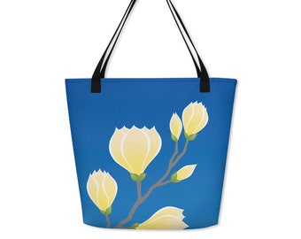 Botanical Art Magnolia Tote Bag, Flower Book Bag, Gift for Her Reusable Grocery Bag