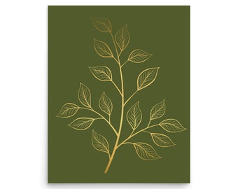 Olive and Gold Leaf Print Poster, Autumn Botanical Wall Art, Fall Living Room Decor