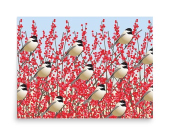 Chickadee, Woodland Birds Art Poster, Winter Nature Prints, Cottagecore Home Decor