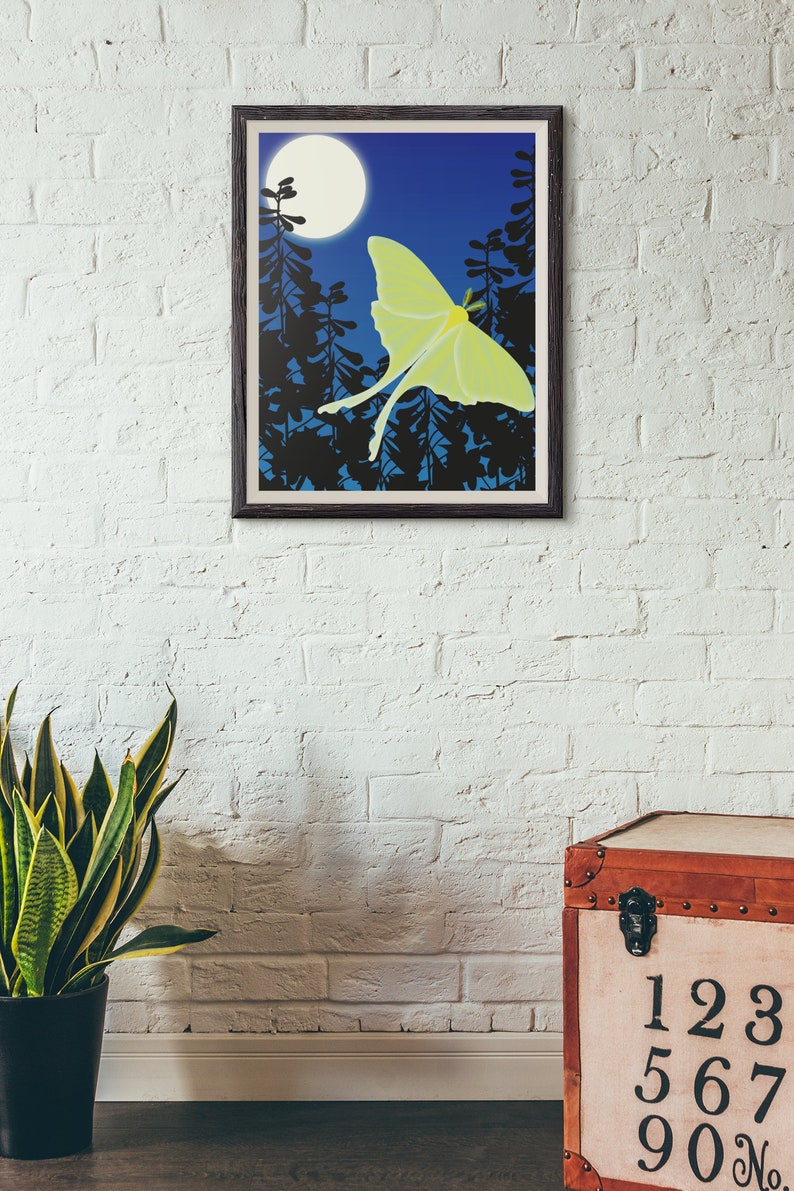 Luna Moth and Moon Art Print, Woodland Animals Wall Art, Butterfly Nursery Decor image 5